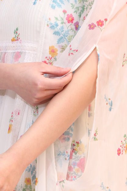 White Floral Printed Chiffon Tiered Flared Dress with Printed Cape - Image 2